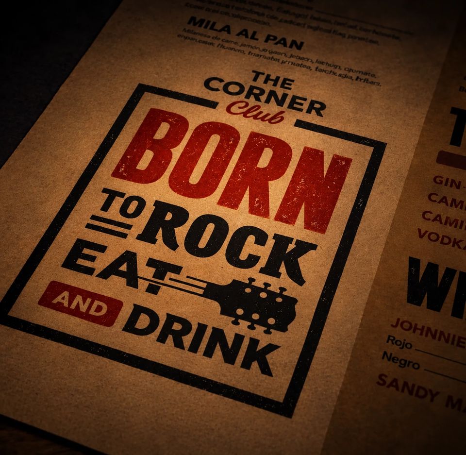 Carta impresa en papel kraft con el lema Born to rock, eat and drink.